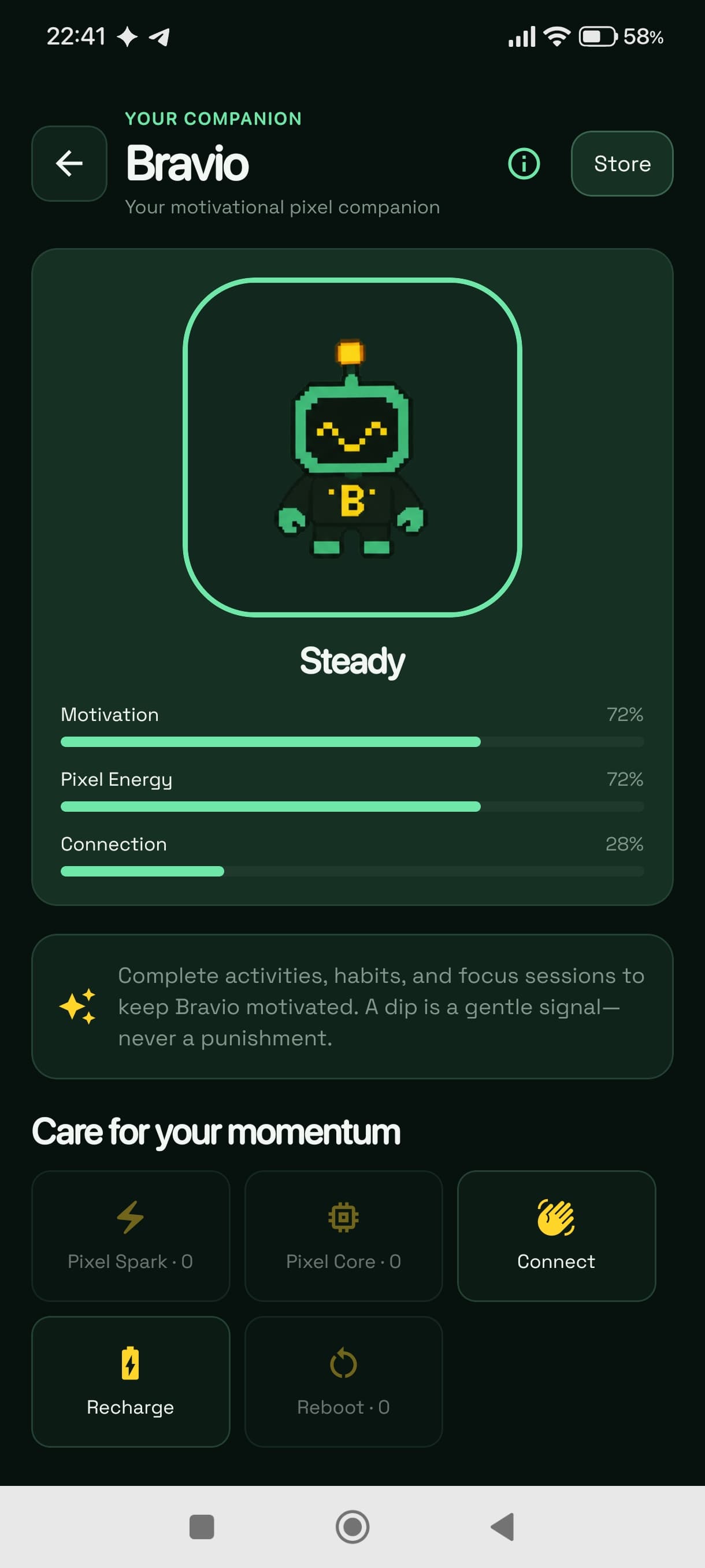 Bravio Companion: pixel character, motivation, energy, connection and care actions