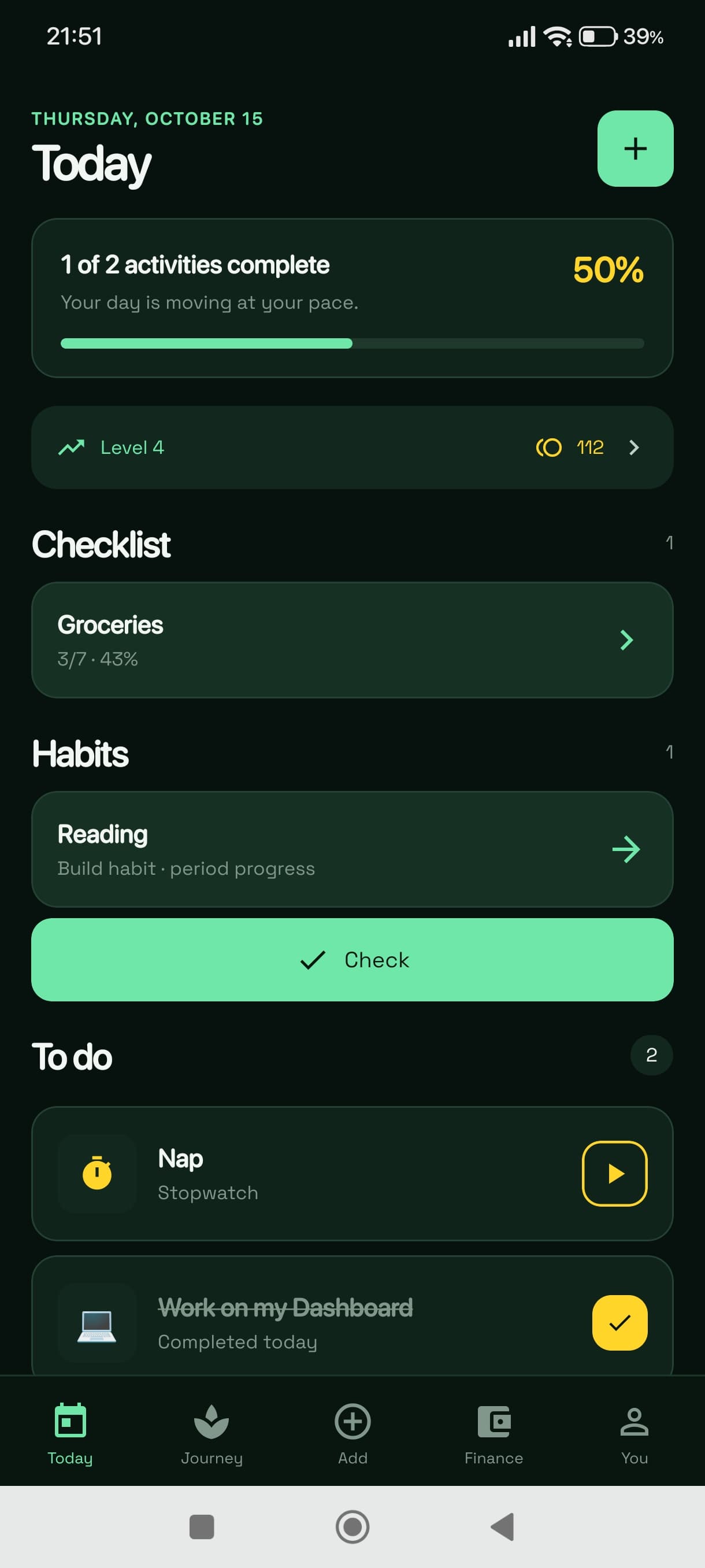 Bravio Today: daily progress, grocery checklist, reading habit and planned activities