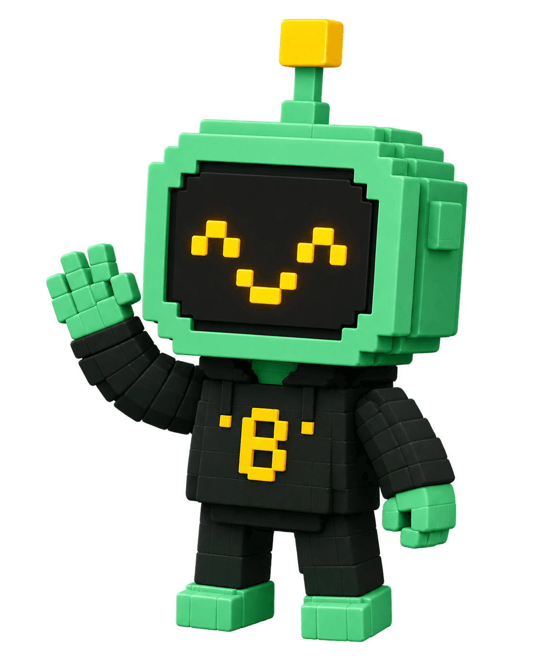 Bravio, a friendly green pixel robot, waving